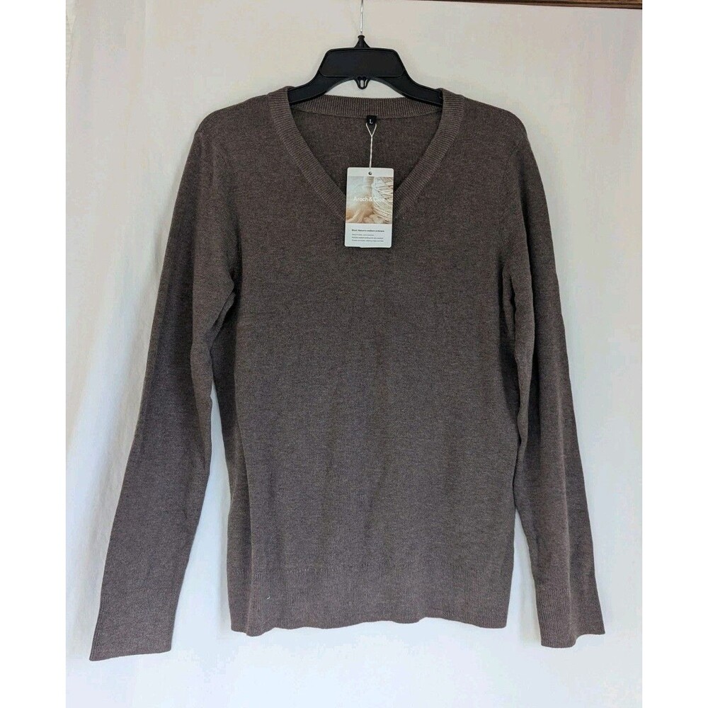 Arch & Cloz Sweater Pullover Unisex sz L Wool Blend Brown V Neck NWT